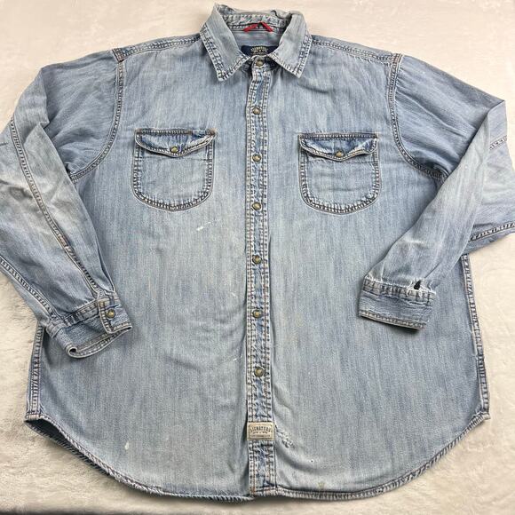 Levi Strauss Signature Pearl Snap Distressed Denim Shirt Men's Size XL - Picture 1 of 9